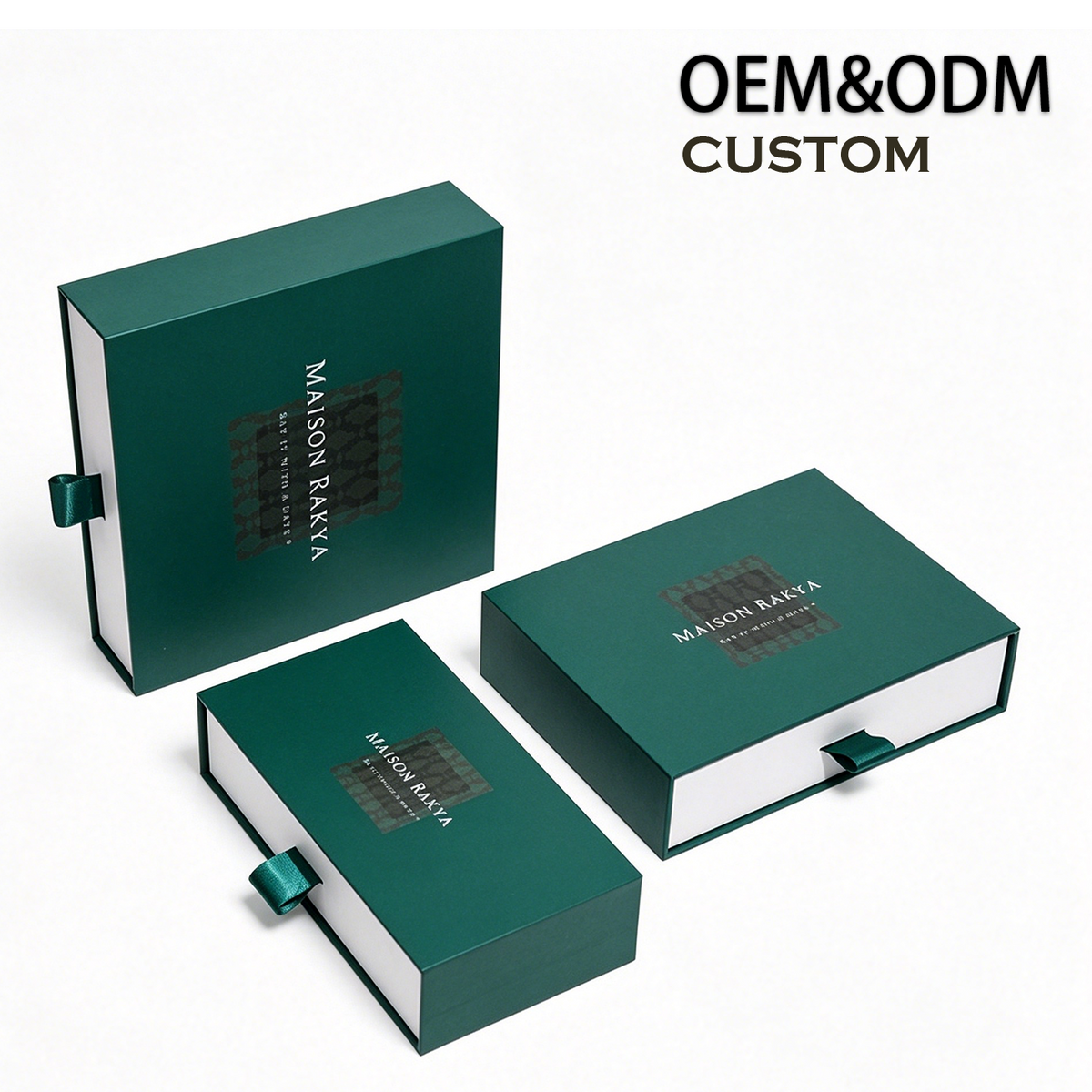 Custom Dark Green Drawer Gift Box | Clear PVC Window Silver Logo Ribbon Pull & Grid Insert for Chocolate Candy Macaron Mooncake & Food Gift Sets | MOQ 100 pcs