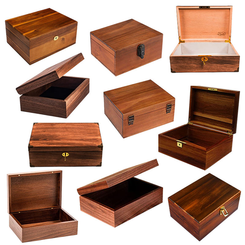 Custom Natural Walnut Teak Solid Wood Hinged Storage Box | Multi-Style Gold Antique Bronze Lock & Hinge Hardware Natural or Velvet Interior Multi-Size for Cigar Humidor Jewelry Coin Souvenir Tea Keepsake | MOQ 100 pcs
