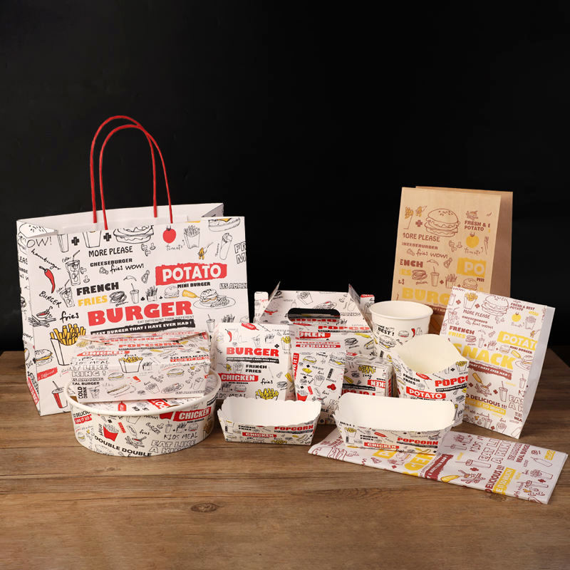 Custom Graffiti Print Fast Food Paper Packaging Set | Burger Box Fry Box Chicken Box Tray Bag & Cup | MOQ 100 pcs
