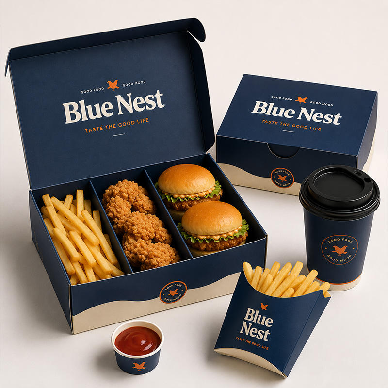 Custom Navy Blue Meal Box Set | Branded Fast Food Packaging with Burger Box Fry Cup & Coffee Cup | MOQ 100 pcs