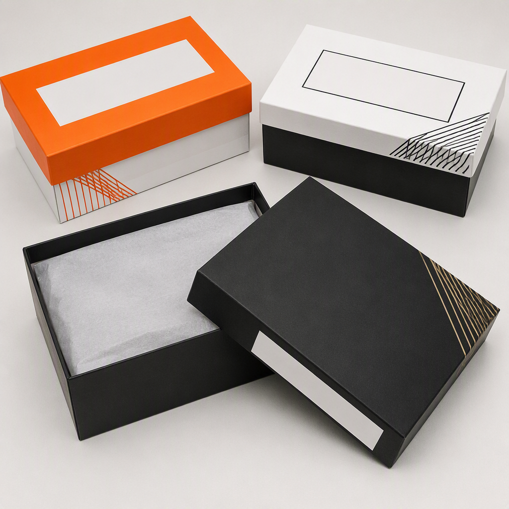 Custom Full-Color Print Flat Two-Piece Lid and Base Apparel Gift Box | Geometric Stripe or Botanical Print with Tissue Wrap for Shirt T-Shirt & Fashion Retail Brand Packaging | MOQ 100 pcs