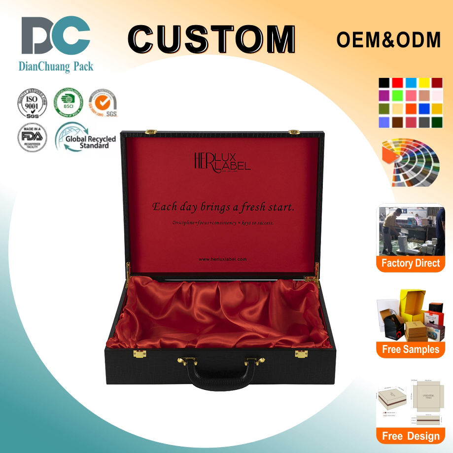 Custom Large Briefcase Style Wood Box | Black Matte Wood Grain Gold Metal Clasp & Handle Red Satin Interior Inner Lid Brand Logo Print for Beauty Skincare Perfume Jewelry Wine Gift Set | MOQ 100 pcs