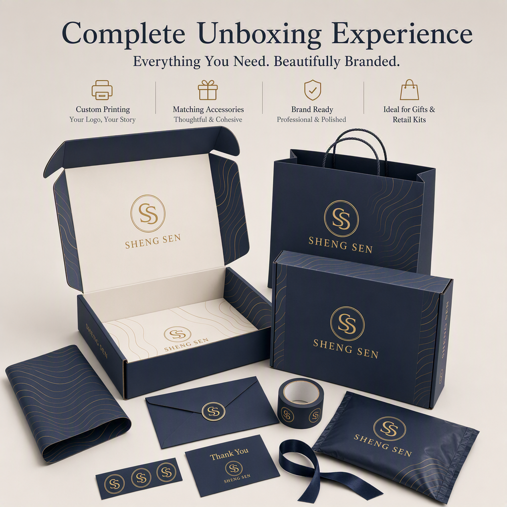 Juego completo de embalaje de marca personalizado | Caja de envío, bolsa de papel, sobre, tarjeta de agradecimiento, pegatina, cinta, bolsa de envío de polietileno con logotipo | MOQ 100 unidades
