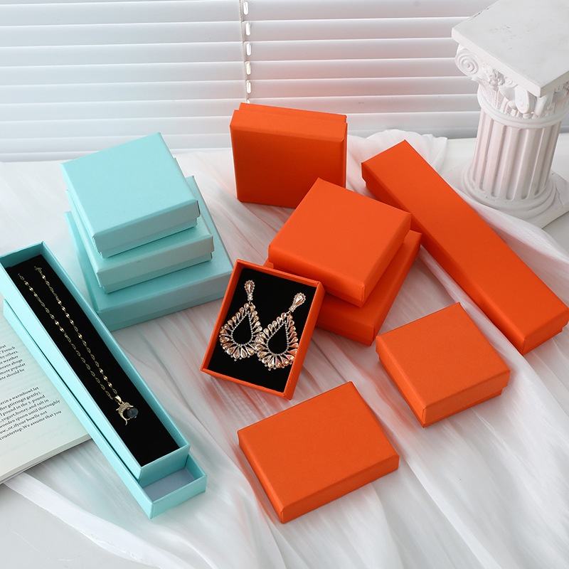 Custom Jewelry Gift Box with Black Velvet Insert | Multi-Color Multi-Size for Ring Earring Bracelet Necklace & Bangle Retail Packaging | Orange Tiffany Blue Navy Green | MOQ 100 pcs