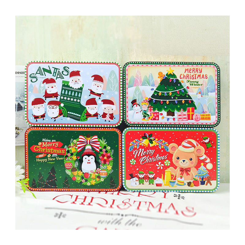 Custom Christmas Theme Full-Color Rectangle Hinged Tin Box | Santa Claus Christmas Tree Penguin Wreath & Bear Multi-Pattern for Holiday Cookie Candy & Festive Gift Tin Packaging | MOQ 100 pcs