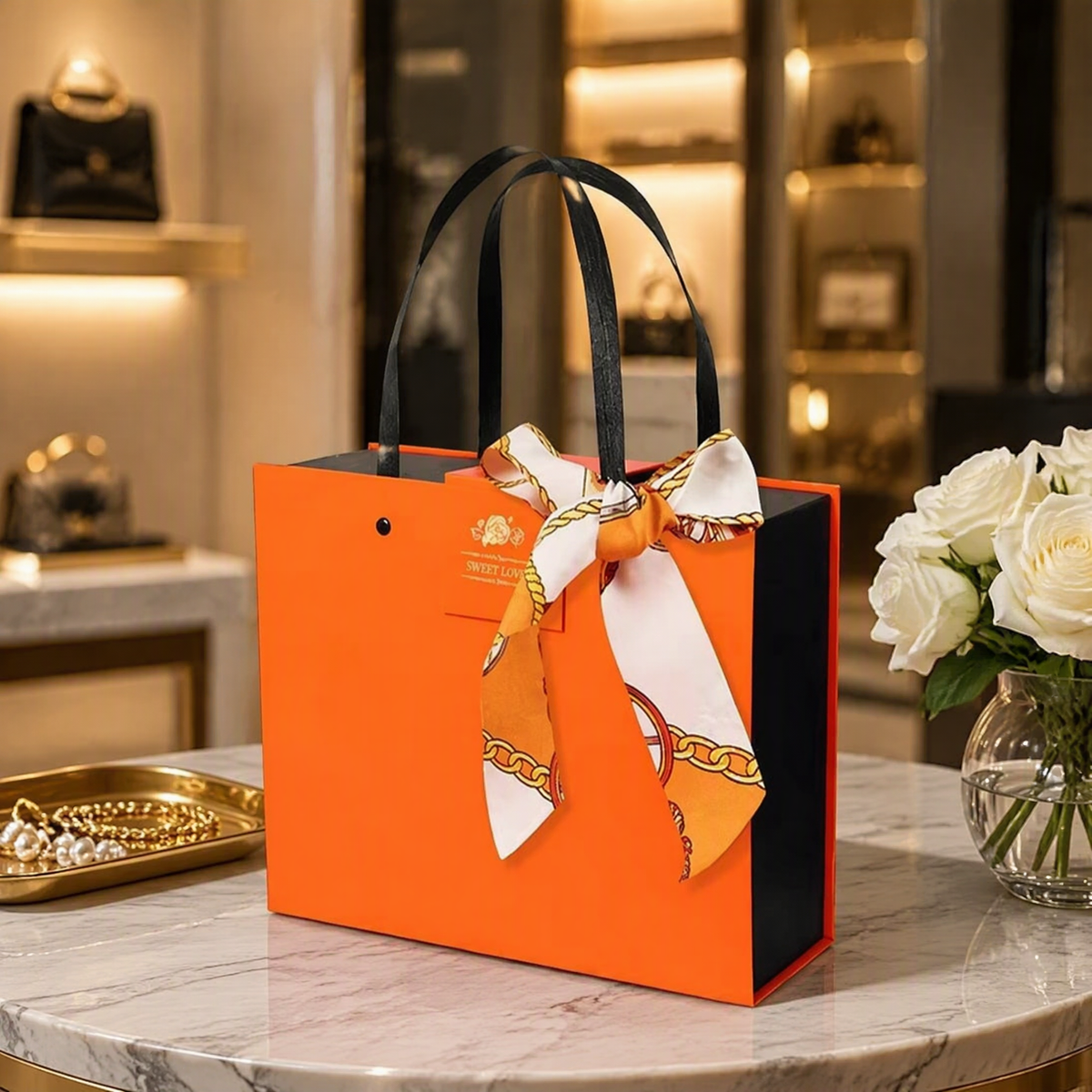 Custom Luxury Tote Style Magnetic Gift Box | Ribbon Handle & Silk Scarf Bow in Orange Navy for Jewelry Fashion & Holiday Luxury Gifts | MOQ 100 pcs