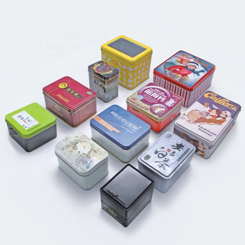 Custom Multi-Size Square & Rectangle Hinged Tin Box | Optional PVC Clear Window Lid Full-Color or Plain Print for Tea Cookie Candy Chocolate Health Supplement & Brand Packaging | MOQ 100 pcs