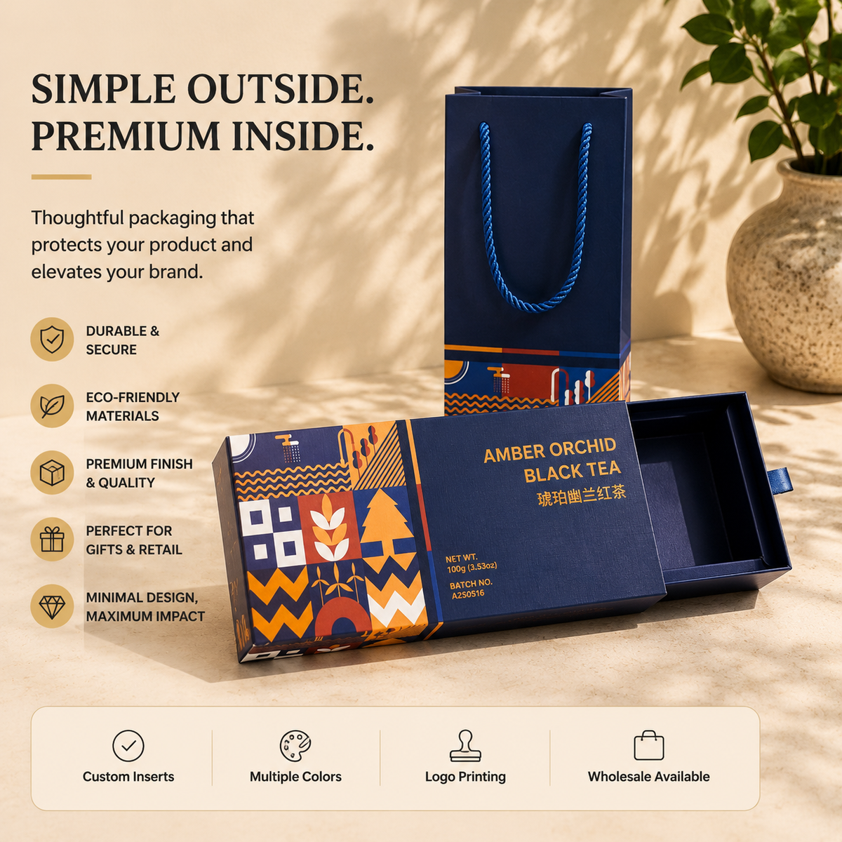 Caja de regalo personalizada con cajón y estampado a todo color con bolsa de mano a juego | Patrón étnico geométrico interior azul marino para sets de regalo de marcas de té, alimentos premium y festivales | Cantidad mínima de pedido 100 unidades
