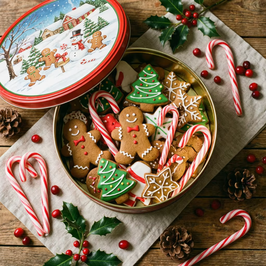 Custom Classic Christmas Round Cookie Tin | Red Green Gold Christmas Tree Reindeer Holly Stripe with Full-Color Festive Lid Scene Print for Holiday Cookie Candy & Gift Tin Packaging | MOQ 100 pcs