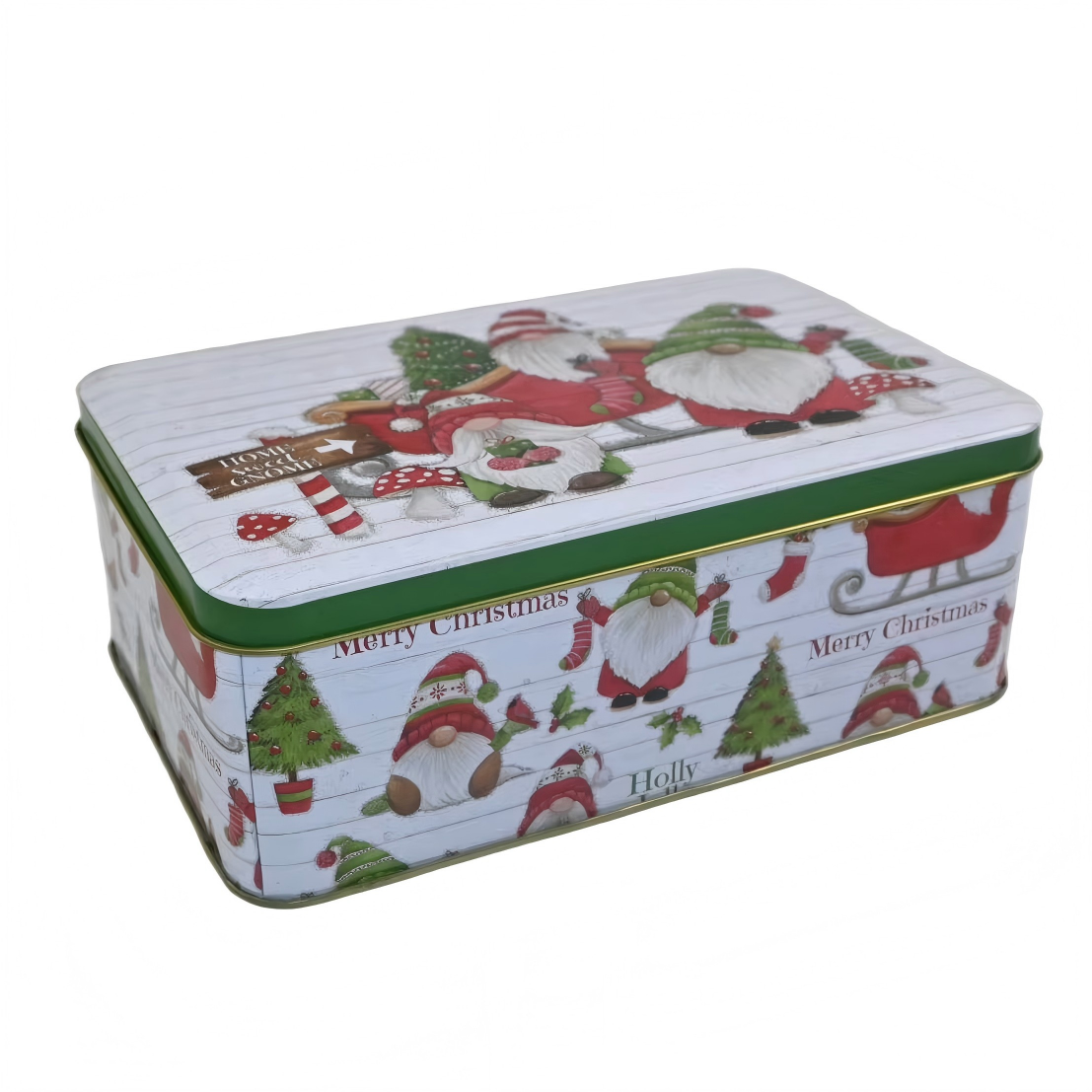 Custom Christmas Gnome Print Rectangle Tin Box Set | White Green Full-Color Home Sweet Gnome Merry Christmas Design for Holiday Cookie Candy & Festive Gift Tin Packaging | MOQ 100 pcs