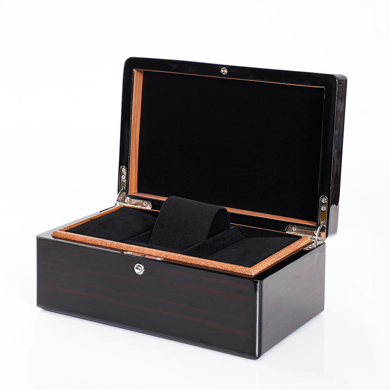 Custom Piano Lacquer Solid Wood Watch Box | 2-3 Slot High-Gloss Dark Brown or Black Natural Wood Edge Black Velvet Lining Watch Pillow Metal Hinge Lock for Luxury Watch Jewelry Brand Gift | MOQ 100 pcs