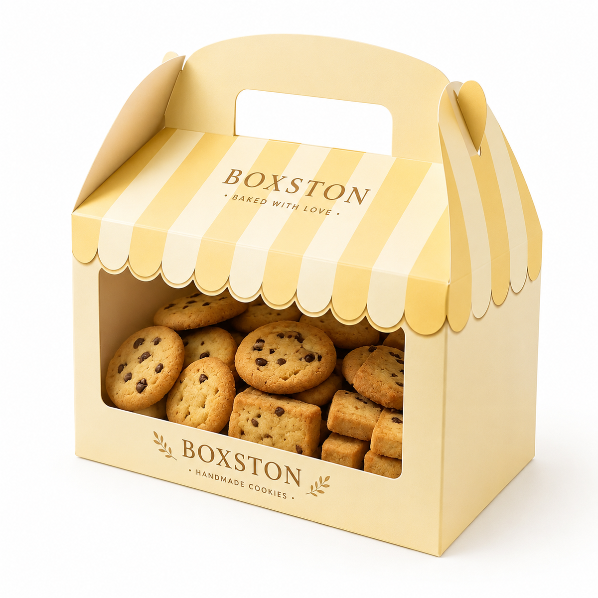 Custom Bakery House Shape Cookie Gift Box with Clear Window | Scallop Awning Handle & Full-Color Stripe Brand Print for Cookie Macaron & Pastry Gift Packaging | MOQ 100 pcs