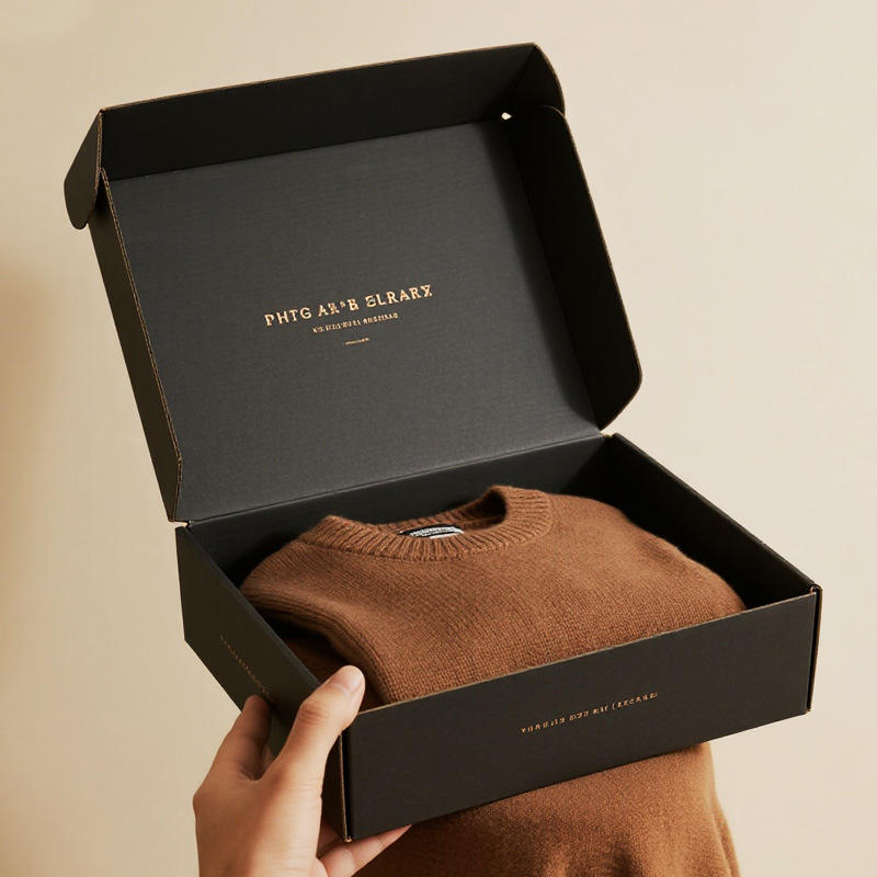Cajas de envío personalizadas con estampado de lámina negra mate | Logotipo dorado impreso en la tapa interior para marcas de moda, ropa de lujo y regalos | MOQ 100 unidades