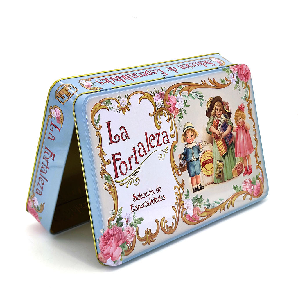 Custom European Vintage Style Rectangle Hinged Tin Box | Powder Blue Gold Scroll Pink Rose Victorian Children Full-Color Print for Cookie Tea Candy & Premium Gift Tin Packaging | MOQ 100 pcs