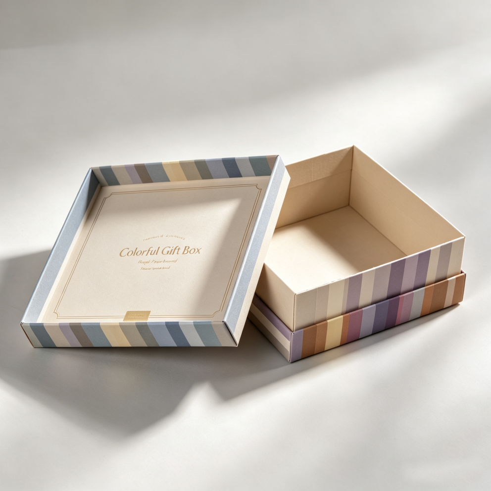 Custom Morandi Multicolor Stripe Two-Piece Lid and Base Gift Box | Cream Interior Gold Border Print for Beauty Skincare Fragrance & Lifestyle Brand Gift Packaging | MOQ 100 pcs