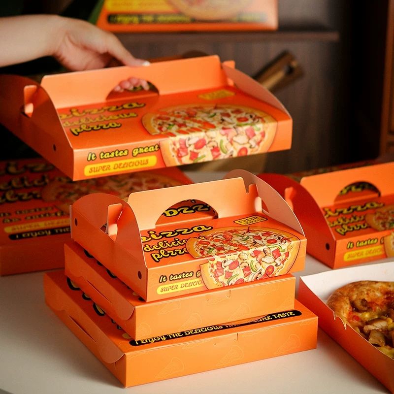 Custom Full-Color Print Pizza Box | Orange Square and Handle Carry Style with Brand Logo Print for Pizza Restaurant Fast Food & Takeaway Delivery Packaging | MOQ 100 pcs