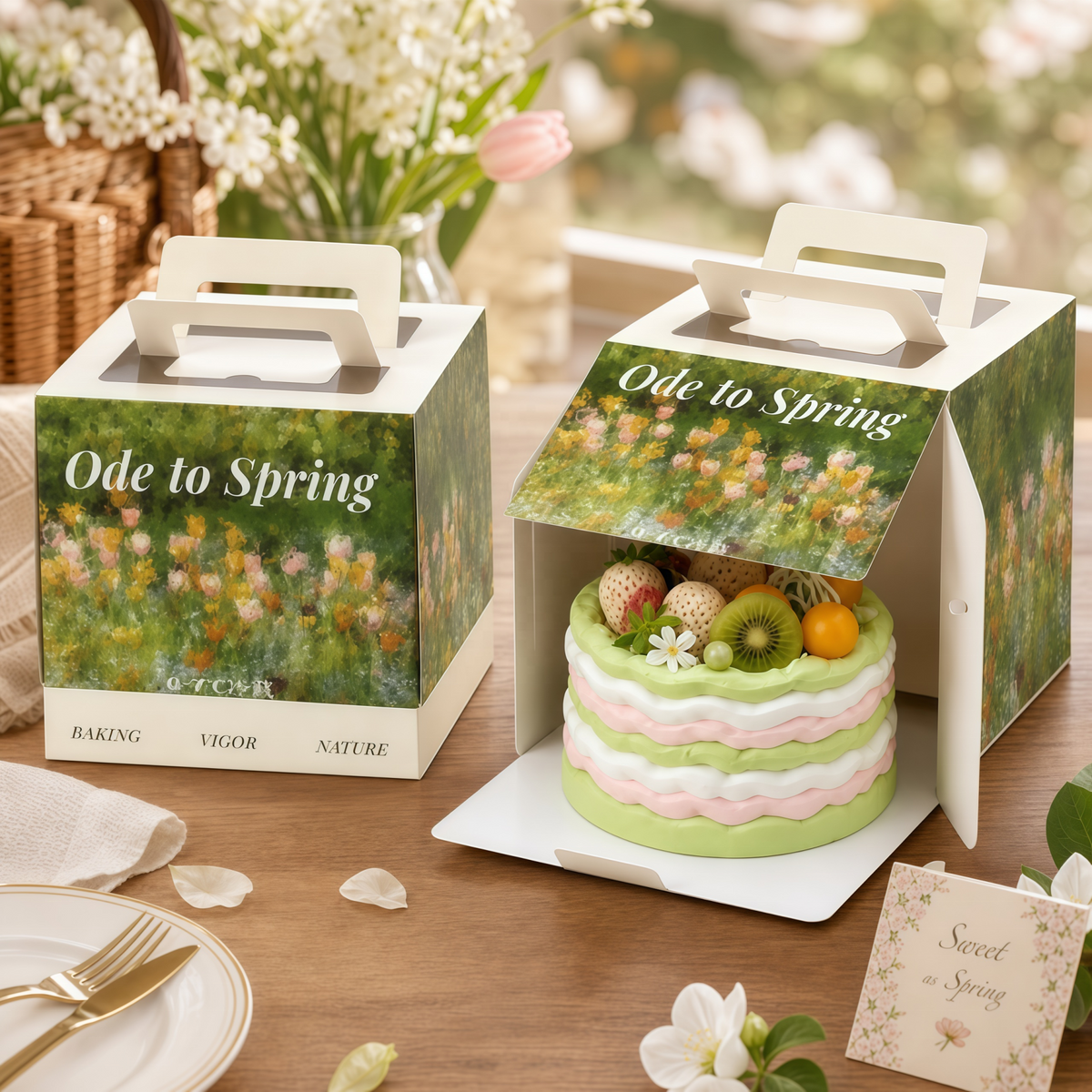 Custom Full-Color Print Front Opening Flip Whole Cake Box with Handle | Garden Botanical Oil Painting Print for 6 8 Inch Premium Bakery Wedding & Holiday Cake Gift Presentation | MOQ 100 pcs