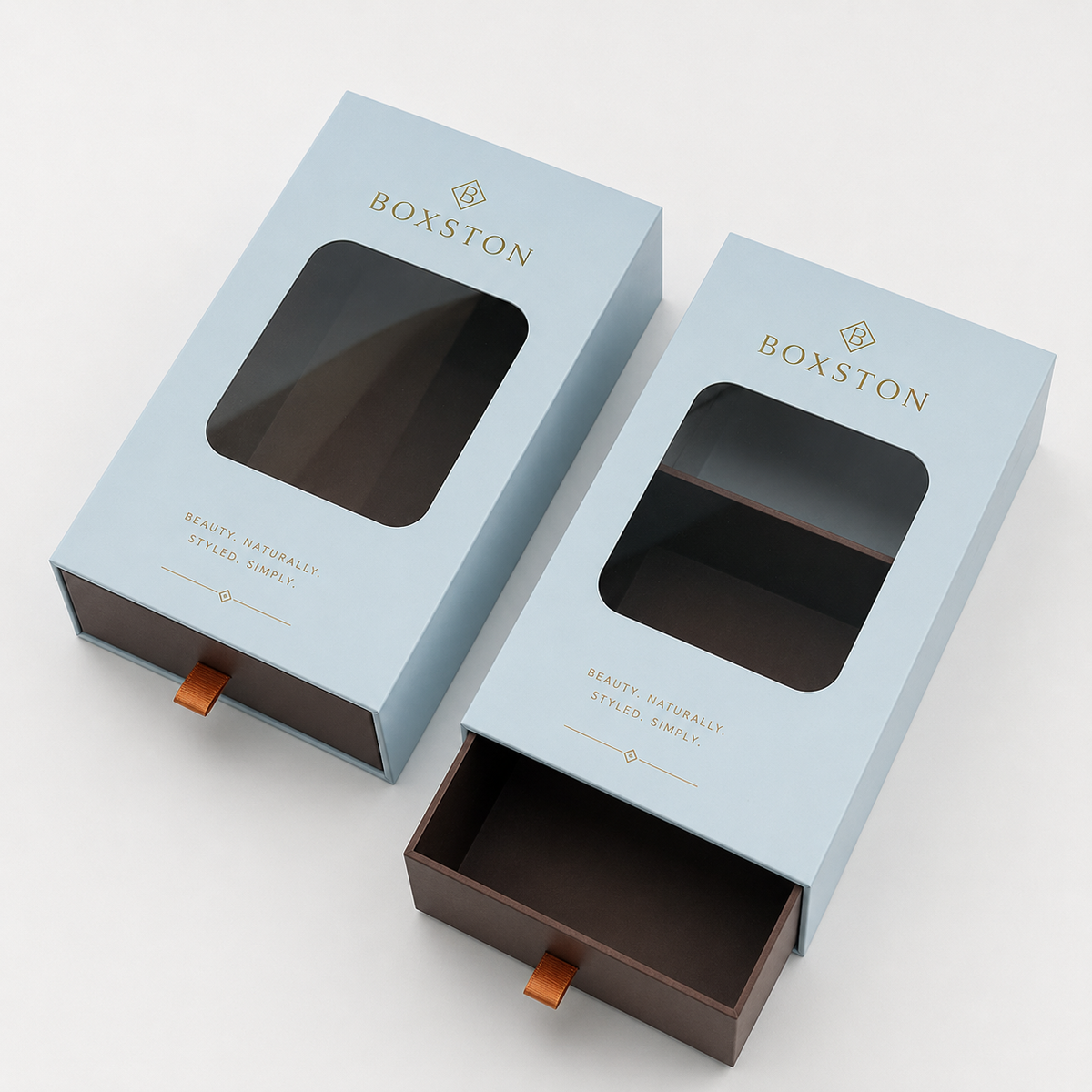 Custom Dusty Blue Drawer Gift Box | Clear PVC Window Gold Logo & Brand Slogan for Hair Accessories Beauty & Skincare Premium Retail Packaging | MOQ 100 pcs