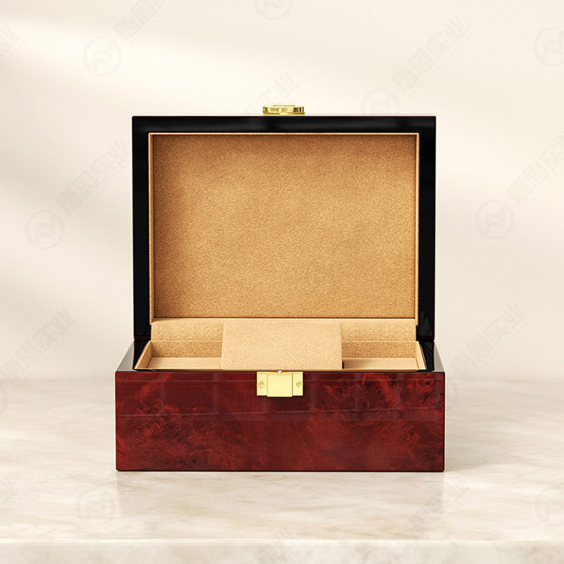 Custom Single Watch Wood Box | Deep Red Piano Lacquer Gold Top Clasp & Front Lock Beige Suede Watch Pillow Interior Black Edge Contrast for Luxury Watch Brand Premium Gift Packaging | MOQ 100 pcs