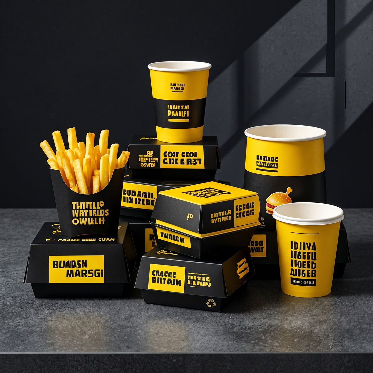 Custom Black Yellow Fast Food Paper Packaging Set | Burger Boxes Fry Cups & Paper Cups with Logo | MOQ 100 pcs