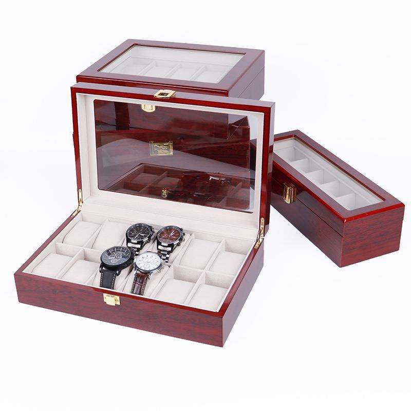 Custom Deep Red Piano Lacquer Glass Lid Multi-Slot Watch Display Wood Box | Gold Metal Clasp Cream Velvet Watch Pillows 1-3 / 5 / 10 / 12 Slot Options for Watch Brand & Retailer Display Gift | MOQ 100 pcs