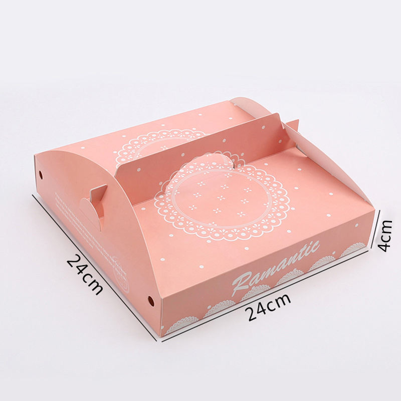 Custom Square Handle Flip Cake and Pizza Box | Black Full-Color Pizza Print or Pink Lace Romantic Print 24cm for Bakery Dessert & Small Pizza Takeaway Packaging | MOQ 100 pcs