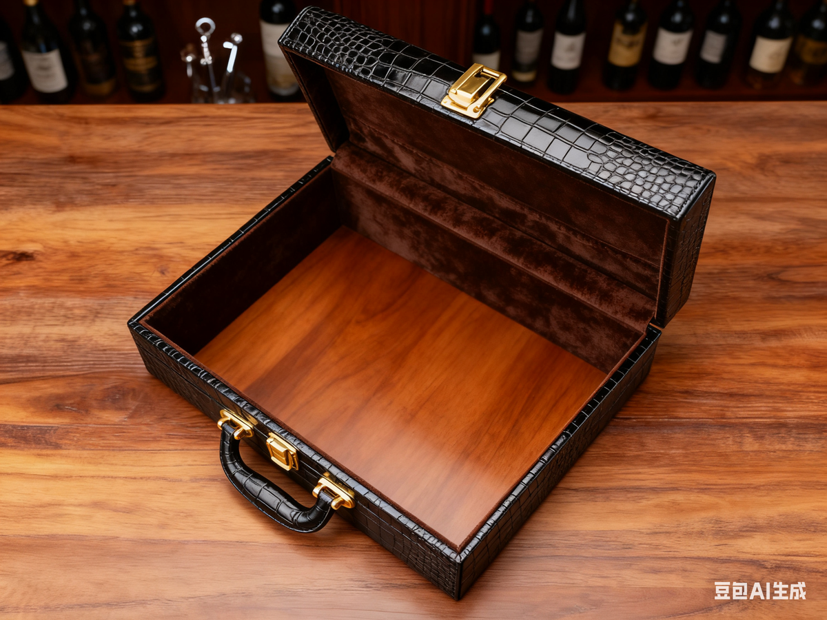 Custom Black Crocodile PU Leather Wrapped Wood Briefcase Gift Box | Gold Metal Clasp & Handle Natural Wood Base Brown Suede Interior for Wine Whiskey Cigar & Luxury Brand Premium Gift Set | MOQ 100 pcs