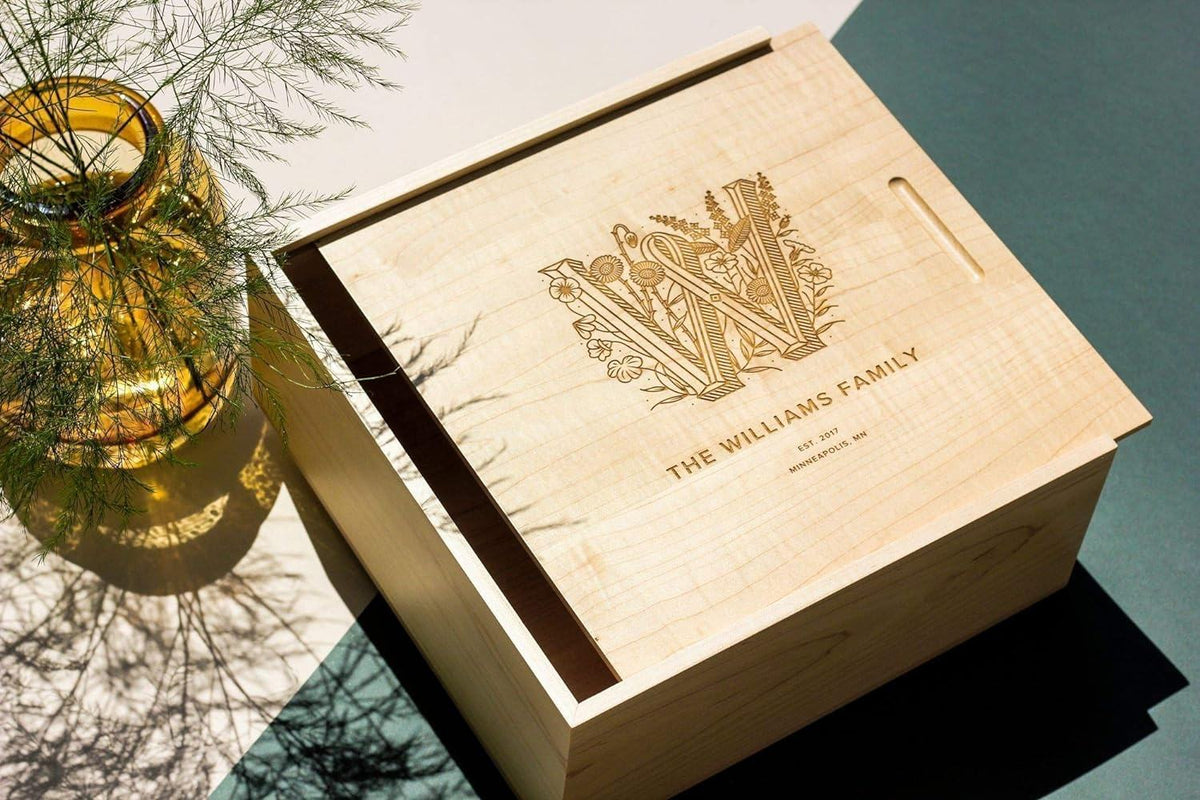 Custom Natural Solid Wood Laser Engraved Sliding Lid Gift Box | Walnut or Pine Custom Brand Logo Name Monogram & Date Top Engraving for Wedding Anniversary Photo Keepsake Personalized Brand Gift | MOQ 100 pcs
