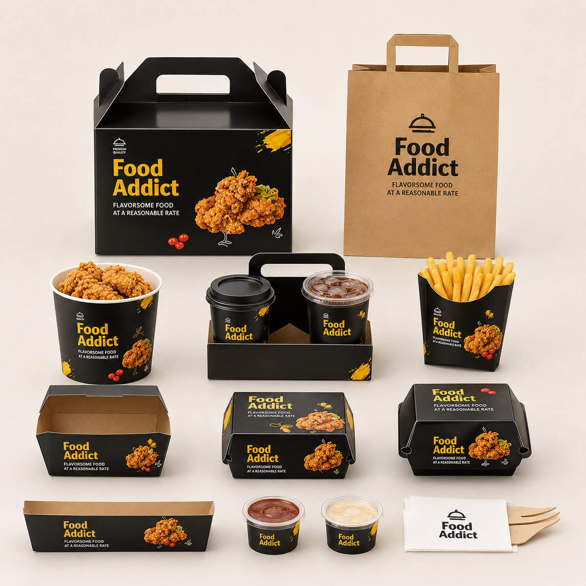 Set de embalaje personalizado negro para comida rápida | Vasos y bolsas para pollo frito y hamburguesas con logo | Cantidad mínima de pedido: 100 unidades