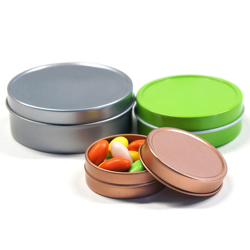 Custom Flat Round Tin Can | Multi-Color White Silver Rose Gold Green Black Press-On Lid Full-Color Print for Mint Candy Candle Lip Balm Skincare Eyeshadow & Small Brand Gift Tin | MOQ 100 pcs