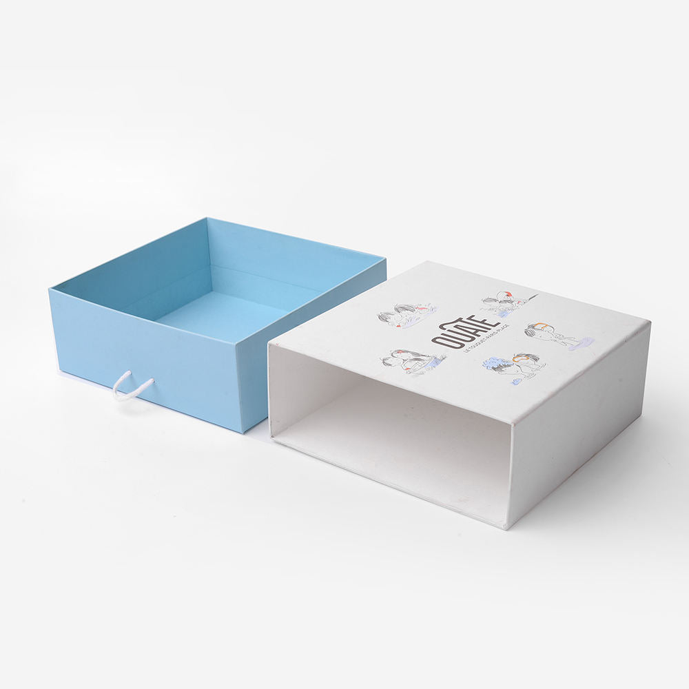 Custom Full-Color Illustration Print Drawer Gift Box | Sky Blue Interior & Rope Pull for Hair Care Beauty Kids & Playful Fashion Brand Retail Packaging | MOQ 100 pcs