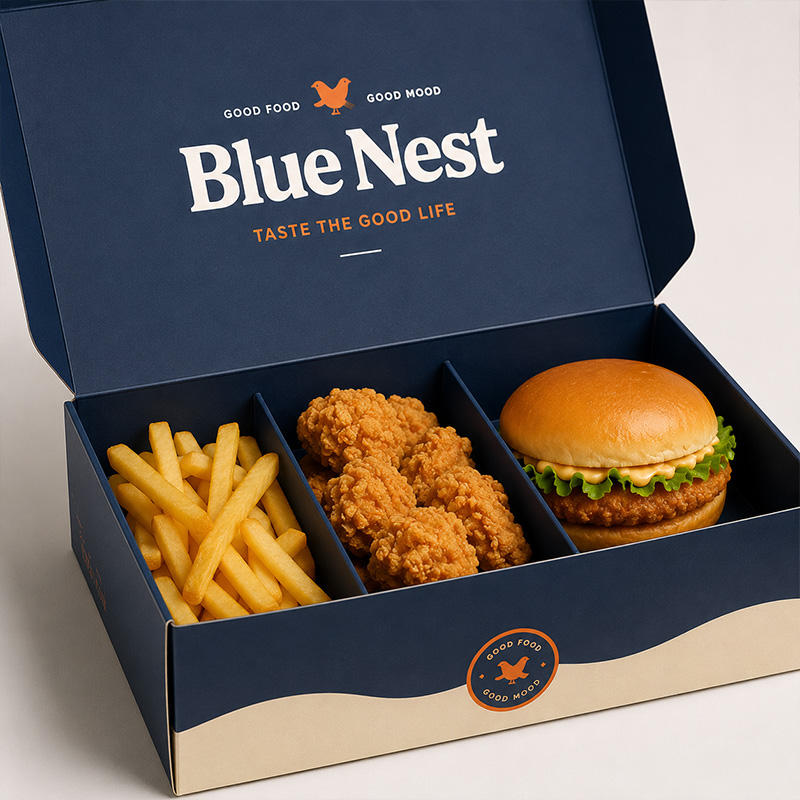Custom Navy Blue Meal Box Set | Branded Fast Food Packaging with Burger Box Fry Cup & Coffee Cup | MOQ 100 pcs