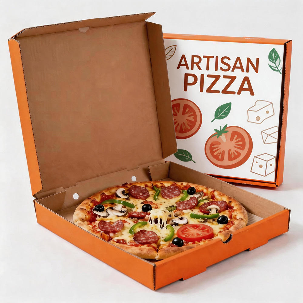 Custom Full-Color Double-Sided Print Pizza Box | Inner & Outer Brand Print in Green Red Yellow with Cartoon Chef & Bicycle Theme for Premium Pizza Brand Experience Packaging | MOQ 100 pcs