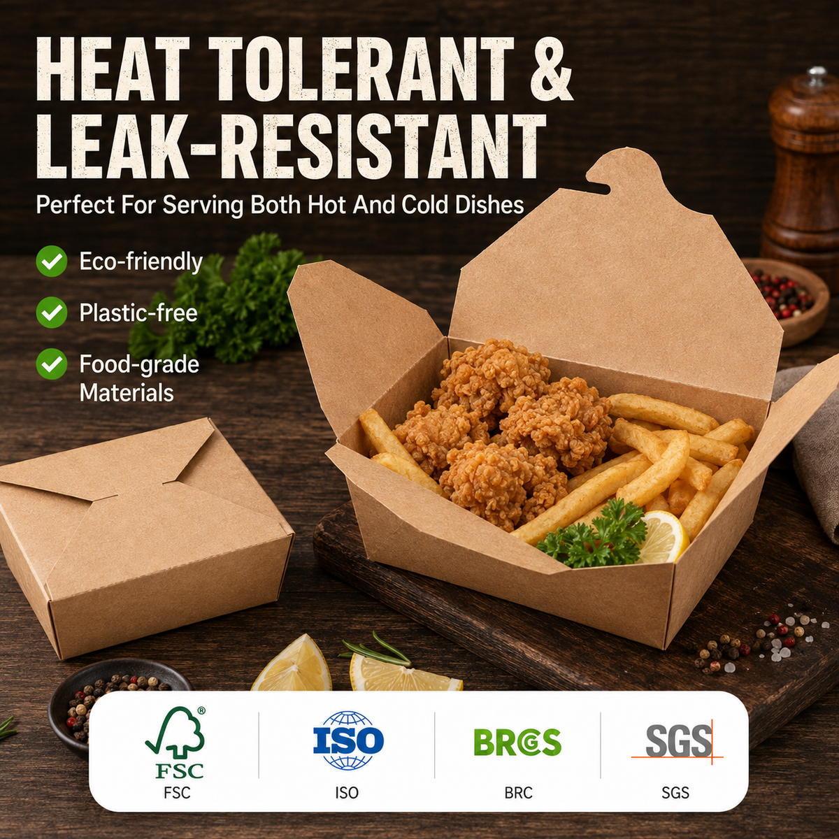 Cajas para llevar personalizadas de papel Kraft con tapa plegable | Fiambrera plegable de calidad alimentaria a prueba de fugas con logotipo | Cantidad mínima de pedido 100 unidades