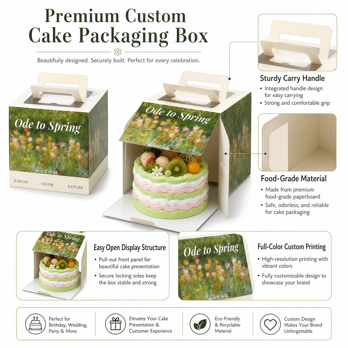 Custom Full-Color Print Front Opening Flip Whole Cake Box with Handle | Garden Botanical Oil Painting Print for 6 8 Inch Premium Bakery Wedding & Holiday Cake Gift Presentation | MOQ 100 pcs