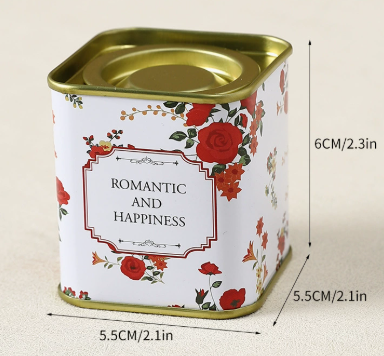 Custom Small Square Floral Romantic Tin Can with Gold Rim | 5.5x5.5x6cm Multi-Color Romantic Happiness Best Wishes Print for Tea Candy Aromatherapy & Small Gift Tin Packaging | MOQ 100 pcs
