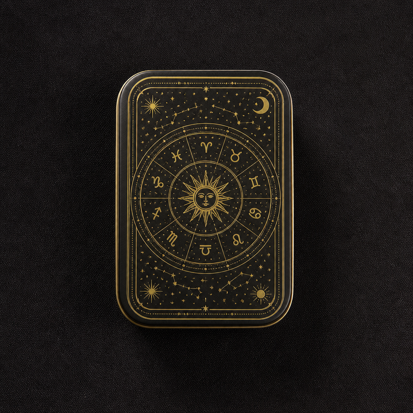 Custom Mystical Tarot Astrology Rectangle Tin Box | Dark Green Gold Celestial Star Chart or Navy Blue Silver Constellation Print for Tarot Card Crystal Candle Aromatherapy & Witchy Brand Gift Tin | MOQ 100 pcs