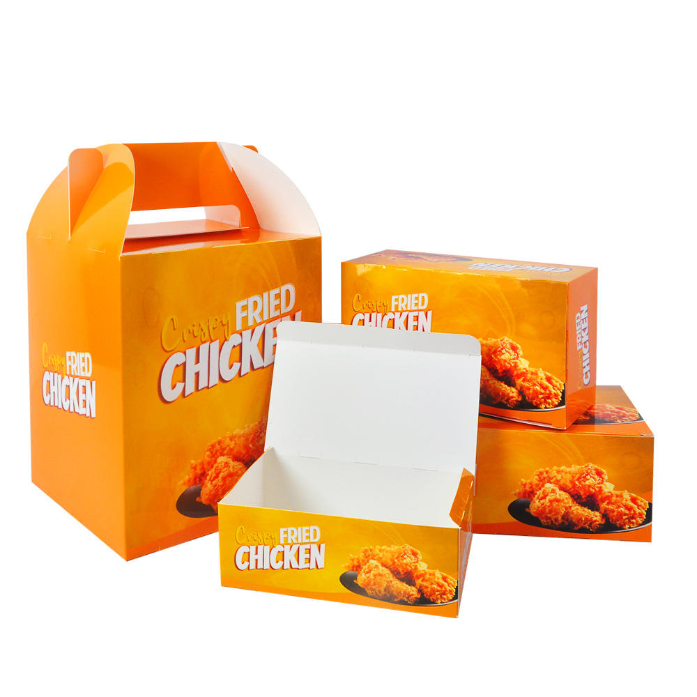 Juego de Cajas para Comida de Pollo Impresas Personalizadas | Caja con Asa y Cajas con Tapa Abatible con Logo | Cantidad Mínima 100 unidades