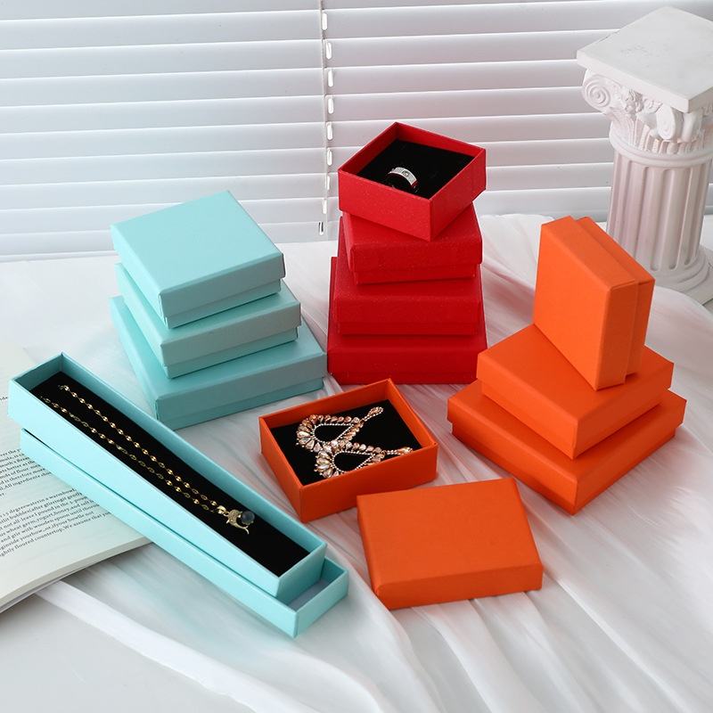 Custom Jewelry Gift Box with Black Velvet Insert | Multi-Color Multi-Size for Ring Earring Bracelet Necklace & Bangle Retail Packaging | Orange Tiffany Blue Navy Green | MOQ 100 pcs