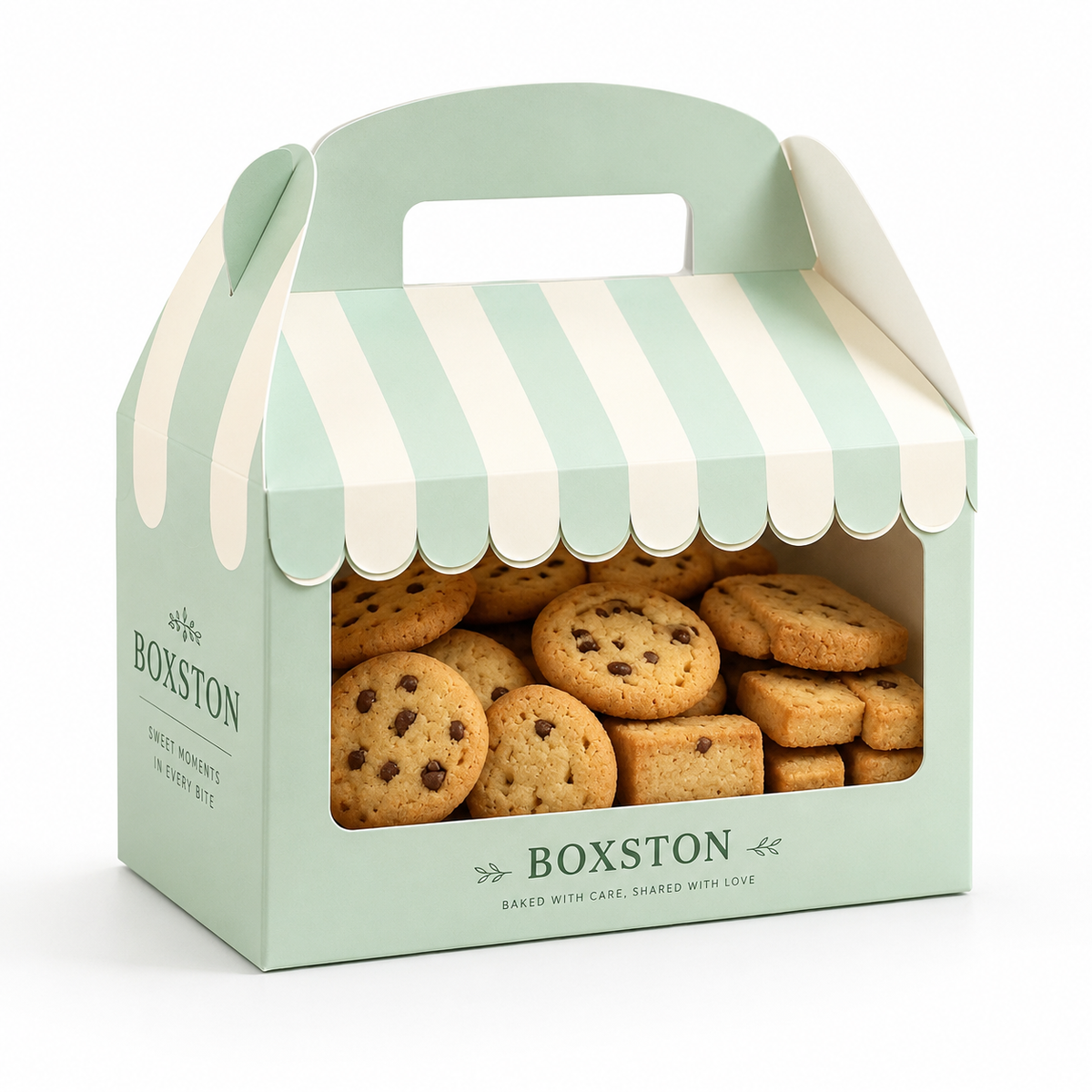 Custom Bakery House Shape Cookie Gift Box with Clear Window | Scallop Awning Handle & Full-Color Stripe Brand Print for Cookie Macaron & Pastry Gift Packaging | MOQ 100 pcs