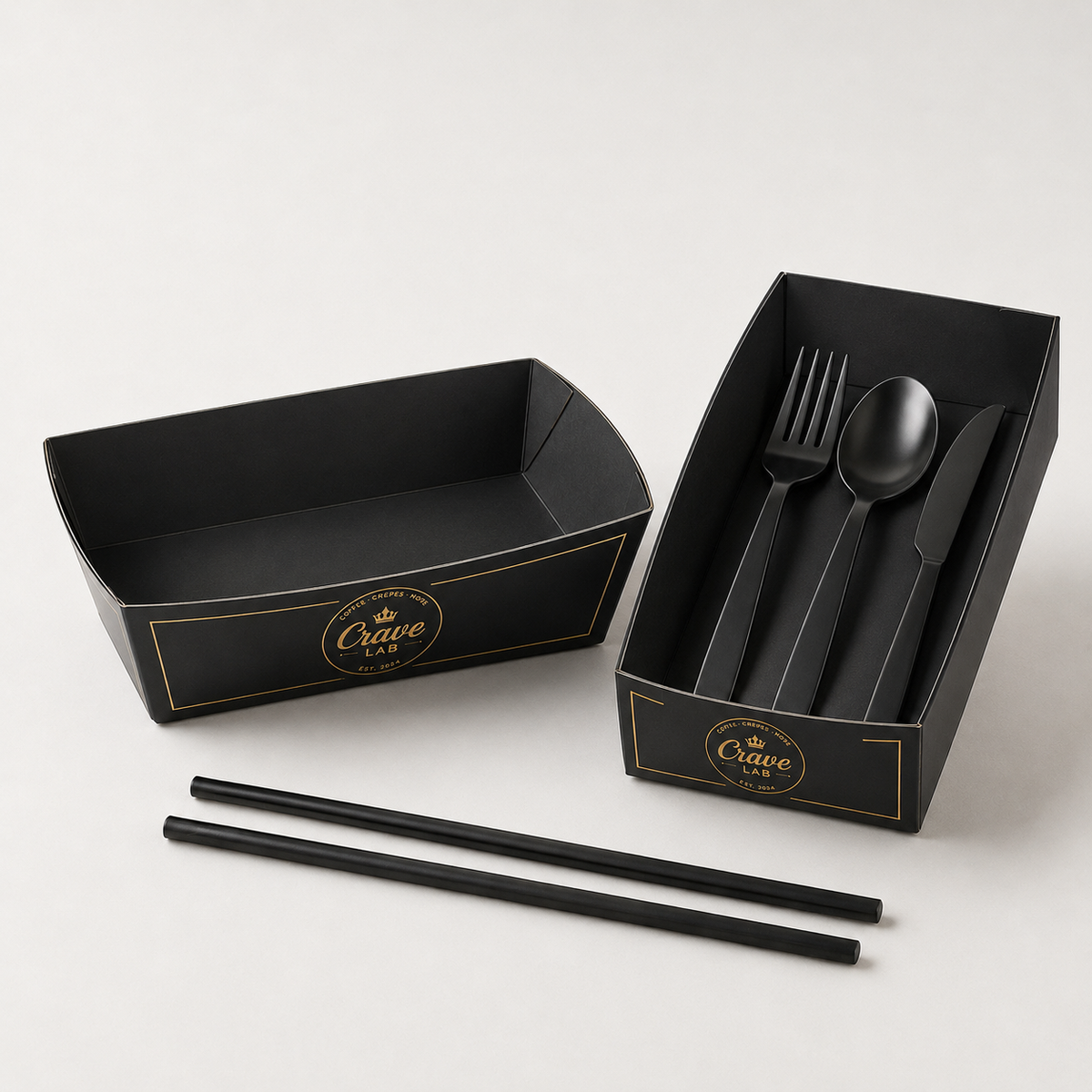 Set de empaques personalizados de papel para café Black Gold | Caja de regalo, tazas de café, bandeja para bebidas y bolsa de papel | Cantidad mínima de pedido: 100 unidades