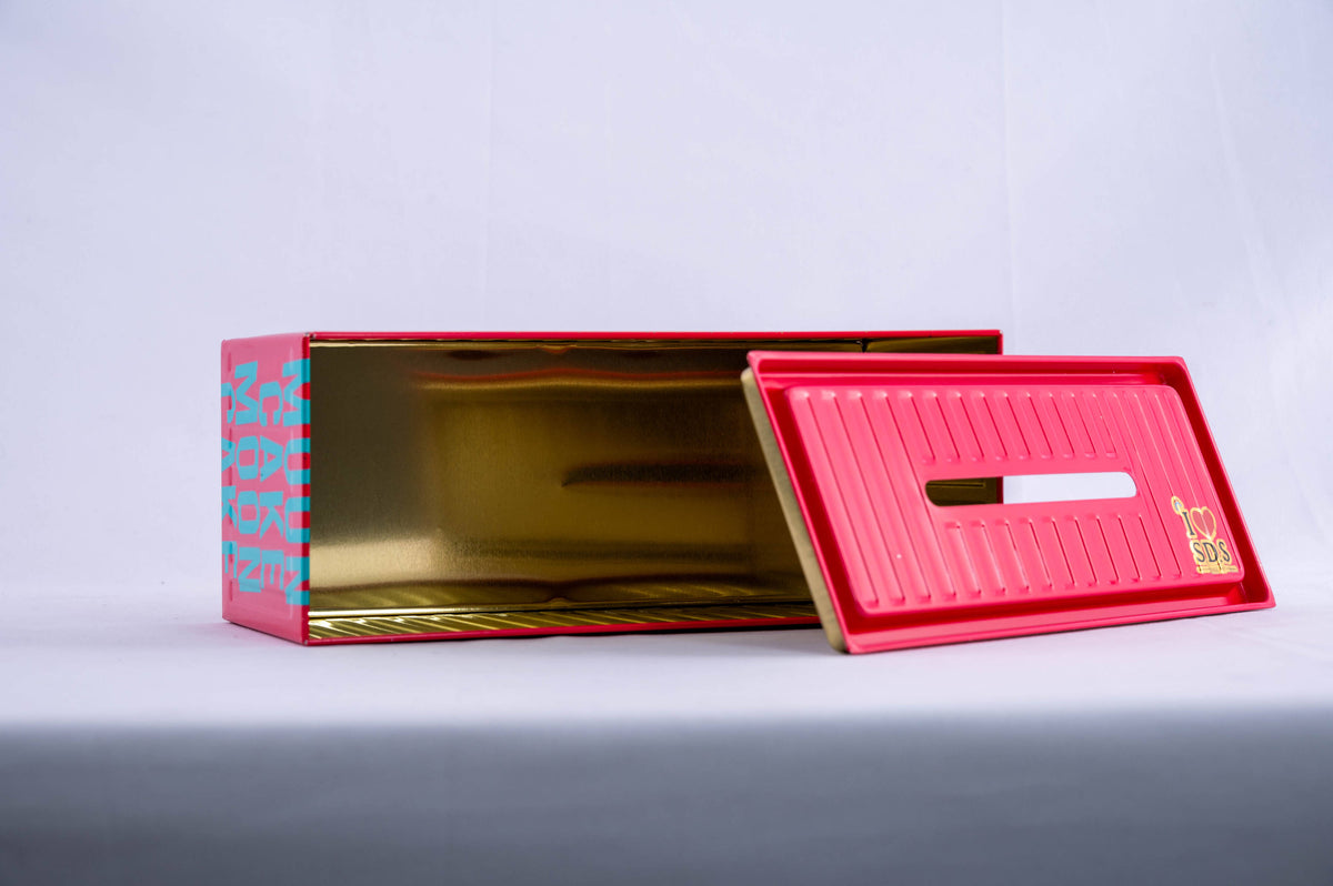 Custom Container Shape Mooncake Tin Box with Coin Slot Lid | Embossed Corrugated Texture Multi-Color Blue Red Pink Full-Color Brand Print for Mid-Autumn Festival & Holiday Gift Tin | MOQ 100 pcs