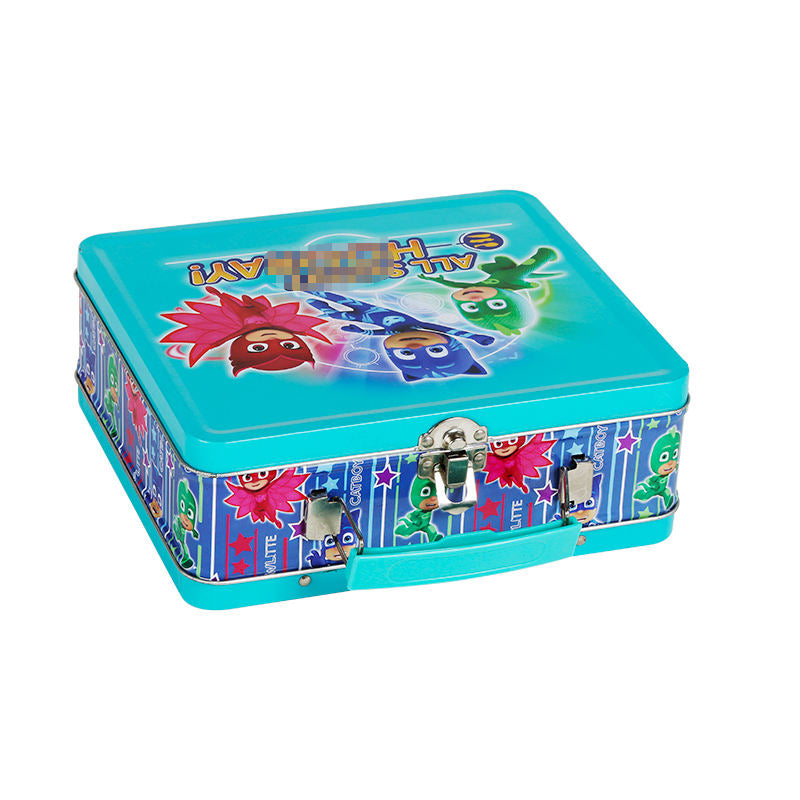 Custom Kids Cartoon Superhero Tin Lunch Box with Handle & Clasp | Teal Full-Color Print for Children Candy Snack Stationery & Toy Gift Tin Packaging | MOQ 100 pcs