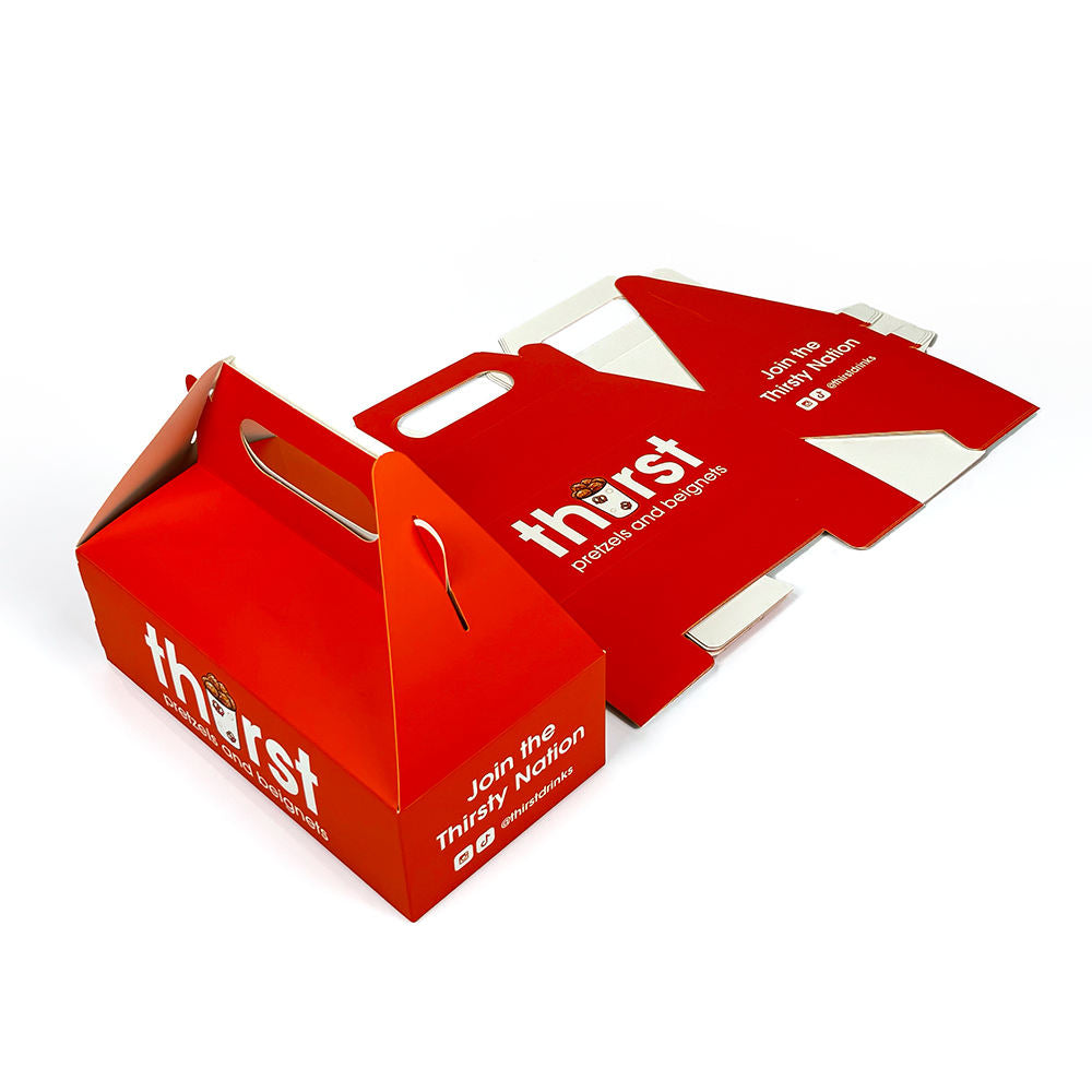 Cajas de Papel Impresas Personalizadas con Asa a Dos Aguas | Cajas de Transporte con Logo para Panadería, Alimentos y Comida para Llevar | MOQ 100 unidades