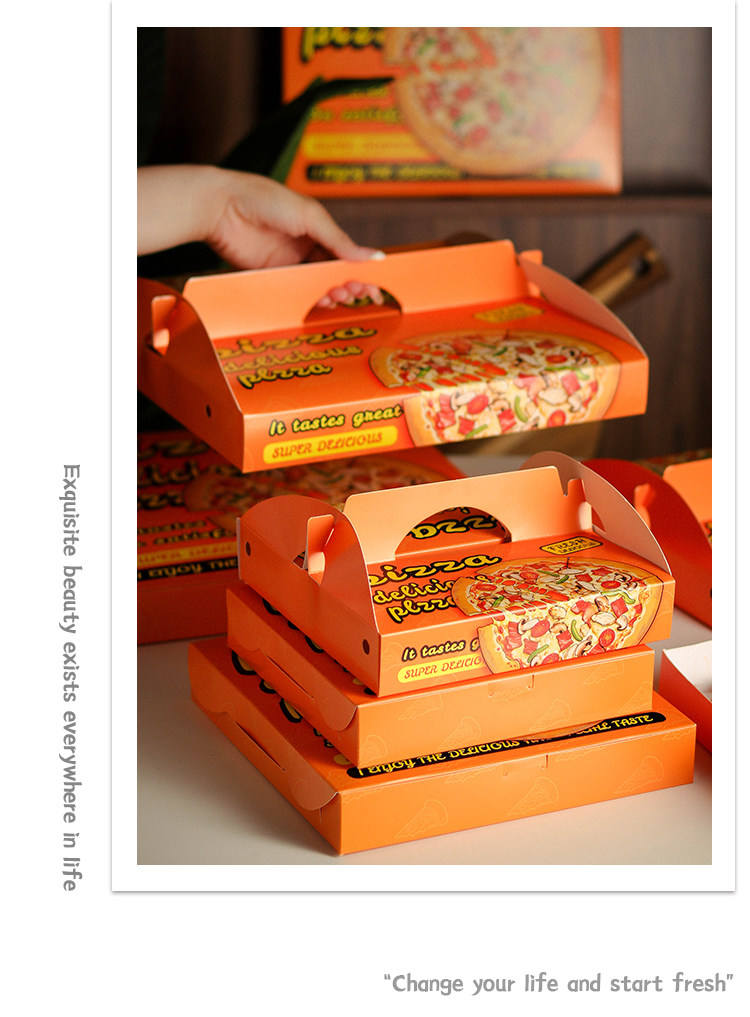 Custom Full-Color Print Pizza Box | Orange Square and Handle Carry Style with Brand Logo Print for Pizza Restaurant Fast Food & Takeaway Delivery Packaging | MOQ 100 pcs