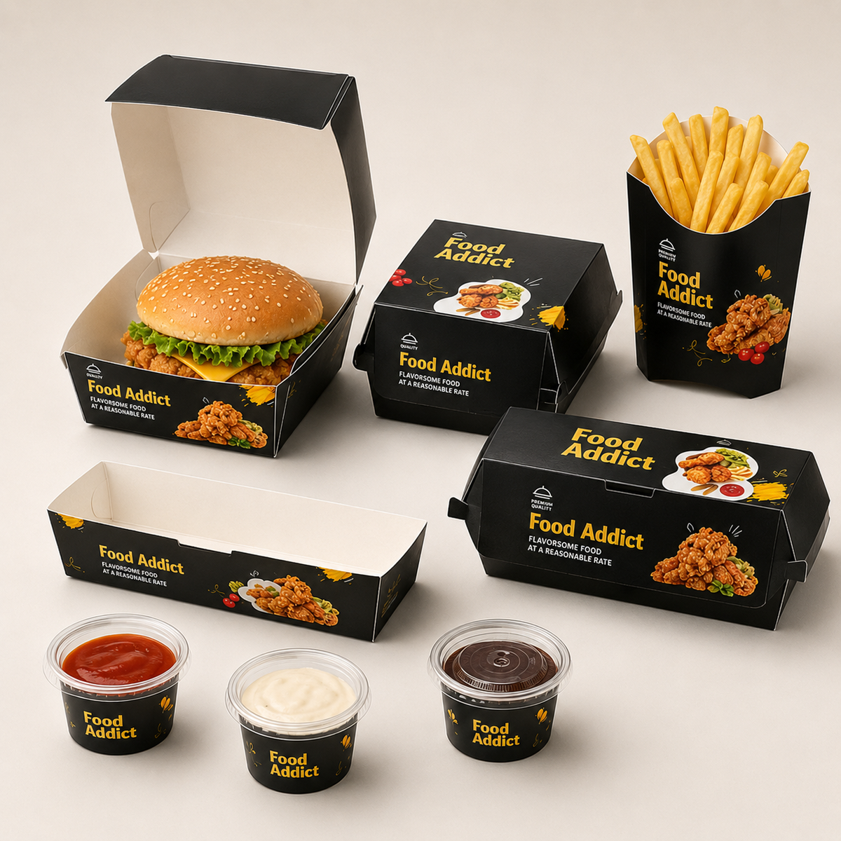 Set de embalaje personalizado negro para comida rápida | Vasos y bolsas para pollo frito y hamburguesas con logo | Cantidad mínima de pedido: 100 unidades