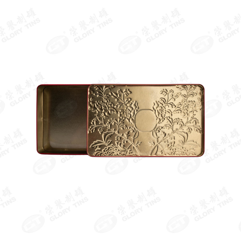 Custom Large Rectangle Chinese Style Embossed Peony Tin Box | Red Full-Surface 3D Floral Emboss Gold Brand Badge Print Hinged Lid for Mooncake Pastry & Premium Mid-Autumn Spring Festival Gift Tin | MOQ 100 pcs