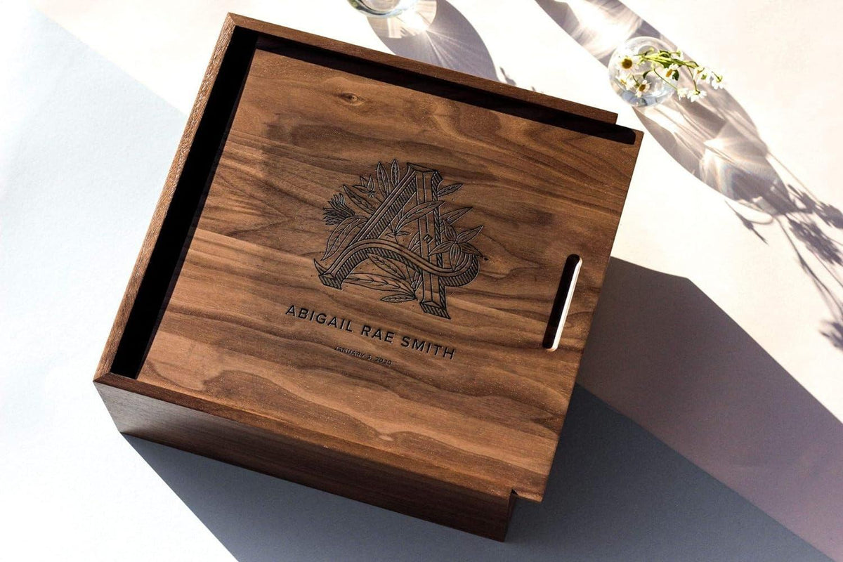 Custom Natural Solid Wood Laser Engraved Sliding Lid Gift Box | Walnut or Pine Custom Brand Logo Name Monogram & Date Top Engraving for Wedding Anniversary Photo Keepsake Personalized Brand Gift | MOQ 100 pcs
