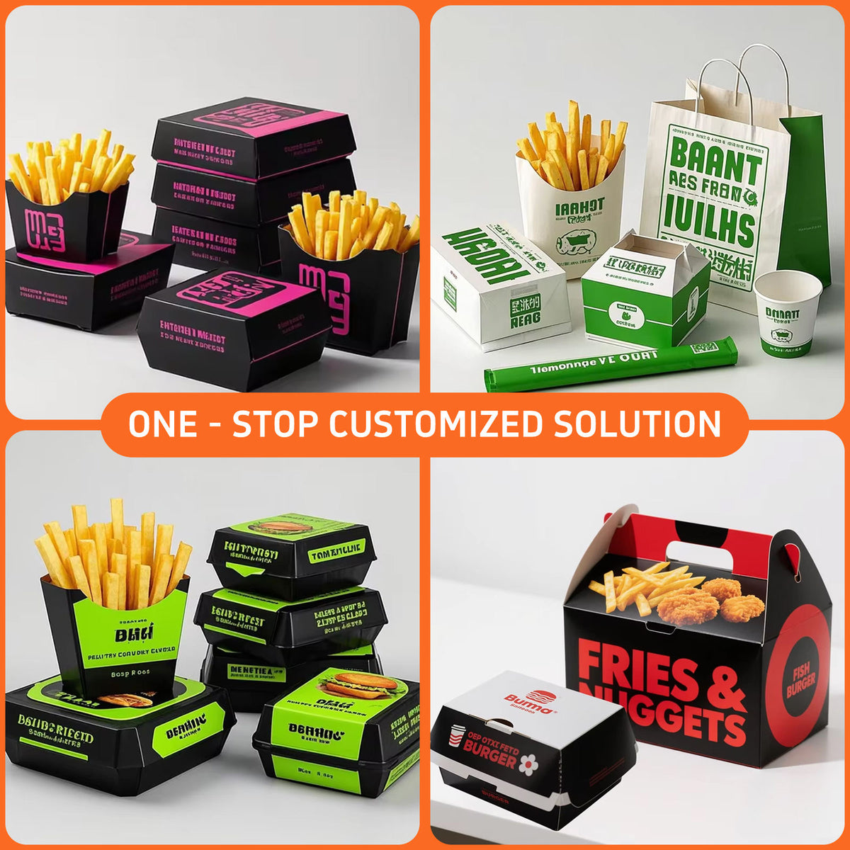 Custom Black Yellow Fast Food Paper Packaging Set | Burger Boxes Fry Cups & Paper Cups with Logo | MOQ 100 pcs