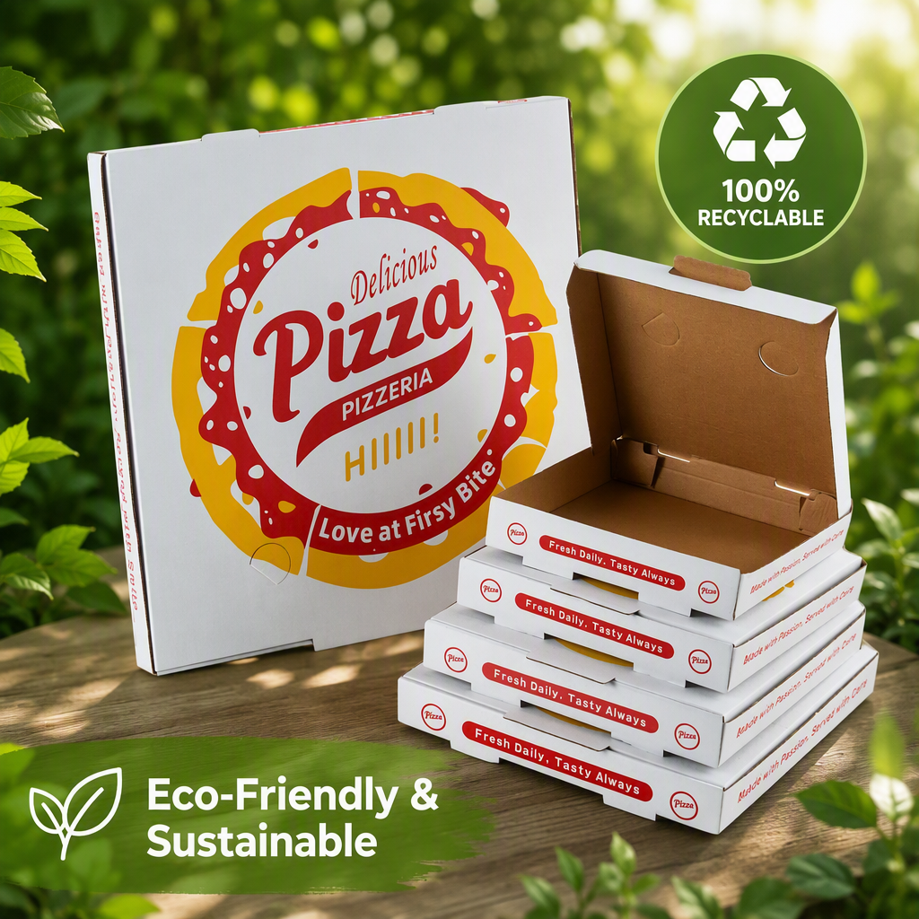 Custom Standard Square Corrugated Pizza Box | White Food Grade with Full-Color Brand Logo Print in Multiple Sizes for Pizza Restaurant & Takeaway Delivery Packaging | MOQ 100 pcs